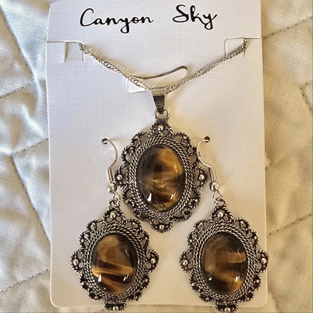 Canyon Sky 6-Piece Silver-Tone, Tiger Eye Cabochon Necklace, Earrings & Bracelet